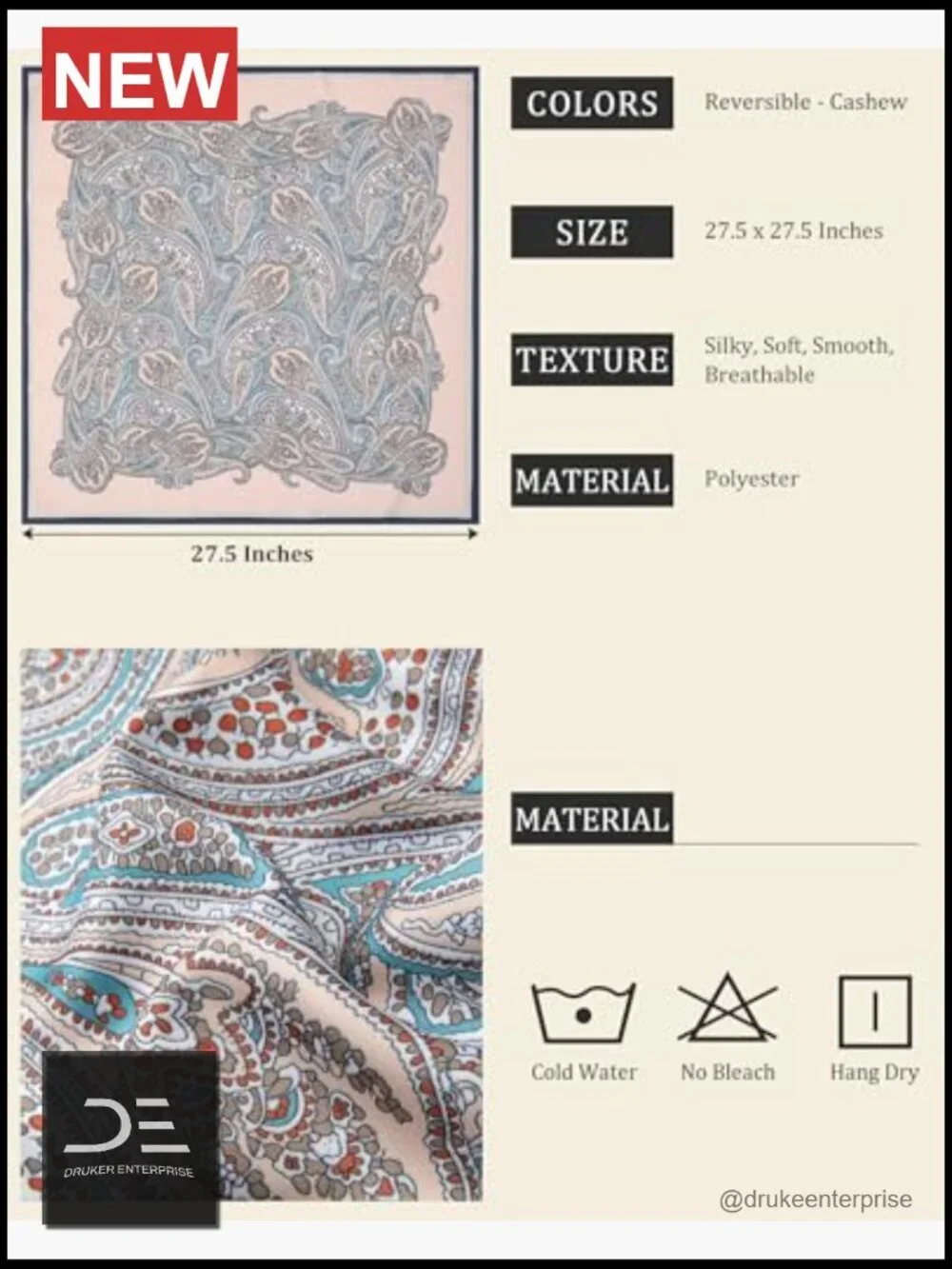 Reversible Like-Silk Satin Head Scarf Square Scarf for Women